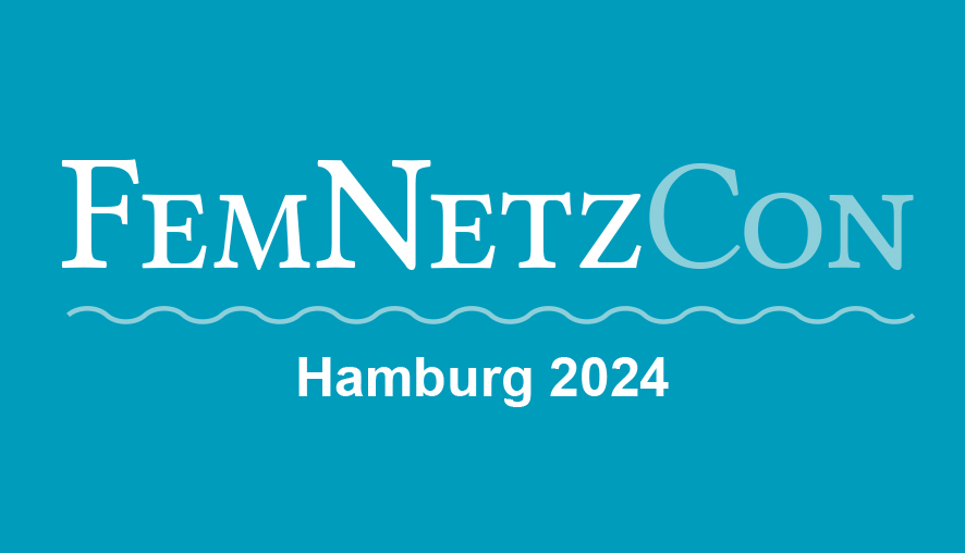 FemNetzCon-Logo 2024, blauer Hintergrund, FemNetzCon-Schriftzug, wellenförmige Linie als Unterstreichung