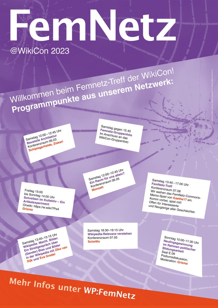 FemNetz-Plakat in Lila, als Hintergrund ein Spinnennetz, darauf weiße Zettel mit Infos zu den einzelnen Events