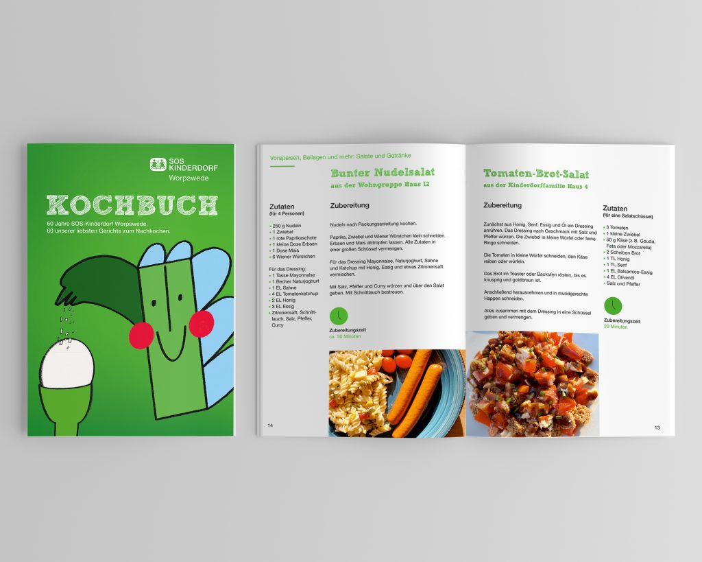 SOS-Kochbuch Worpswede, Titelseite und daneben das aufgeschlagene Buch